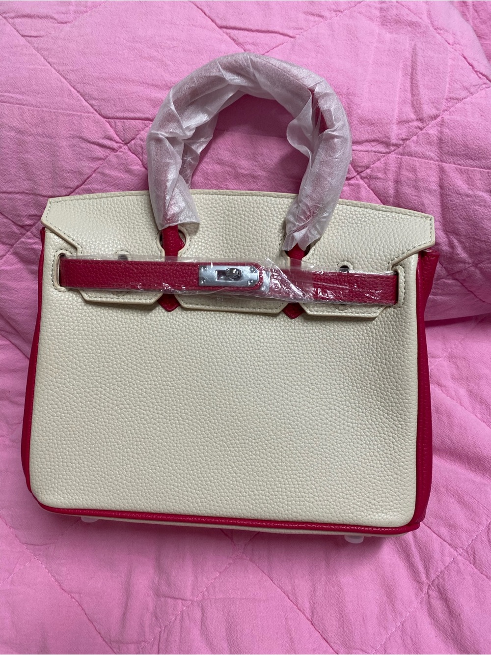 Cream and Pink Structured Top-Handle Women’s Bag